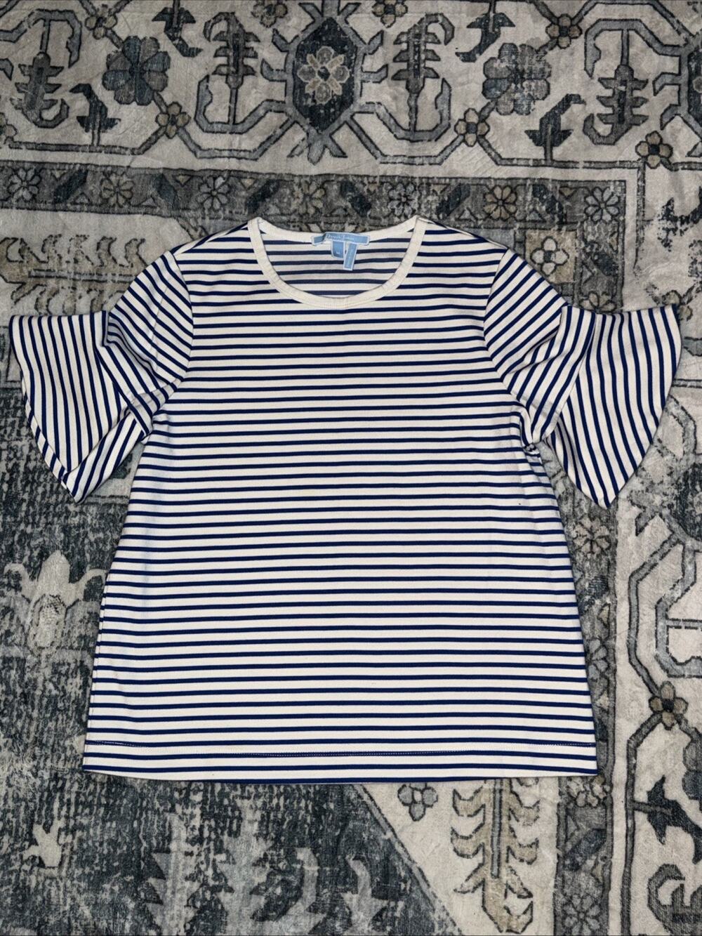 Draper James Women's Blue & White Striped Ruffle Ponte Bell Sleeve Tee Sz Medium